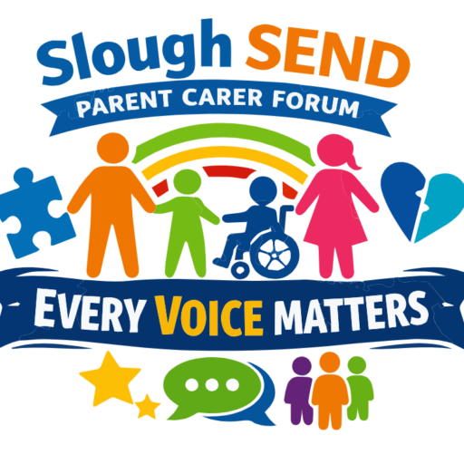 Slough SEND Parent Carer Forum" featuring the slogan "EVERY VOICE MATTERS" on a blue banner. The central graphic shows a diverse stylized family under a rainbow, flanked by a puzzle piece and a heart puzzle. Additional icons at the bottom include stars, a speech bubble, and a group of three colorful figures