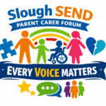 Slough SEND Parent Carer Forum" featuring the slogan "EVERY VOICE MATTERS" on a blue banner. The central graphic shows a diverse stylized family under a rainbow, flanked by a puzzle piece and a heart puzzle. Additional icons at the bottom include stars, a speech bubble, and a group of three colorful figures