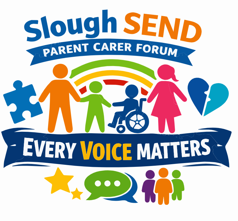 Slough SEND Parent Carer Forum" featuring the slogan "EVERY VOICE MATTERS" on a blue banner. The central graphic shows a diverse stylized family under a rainbow, flanked by a puzzle piece and a heart puzzle. Additional icons at the bottom include stars, a speech bubble, and a group of three colorful figures
